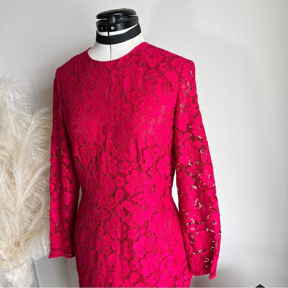 Carolina Herrera Red Lace High Neck Above Knee Sheath Dress - Picture 8 of 15